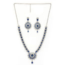 Rhodium Plated Silver Toned Ornate Shaped Navy Blue & White American Diamond Studded Jewellery Set