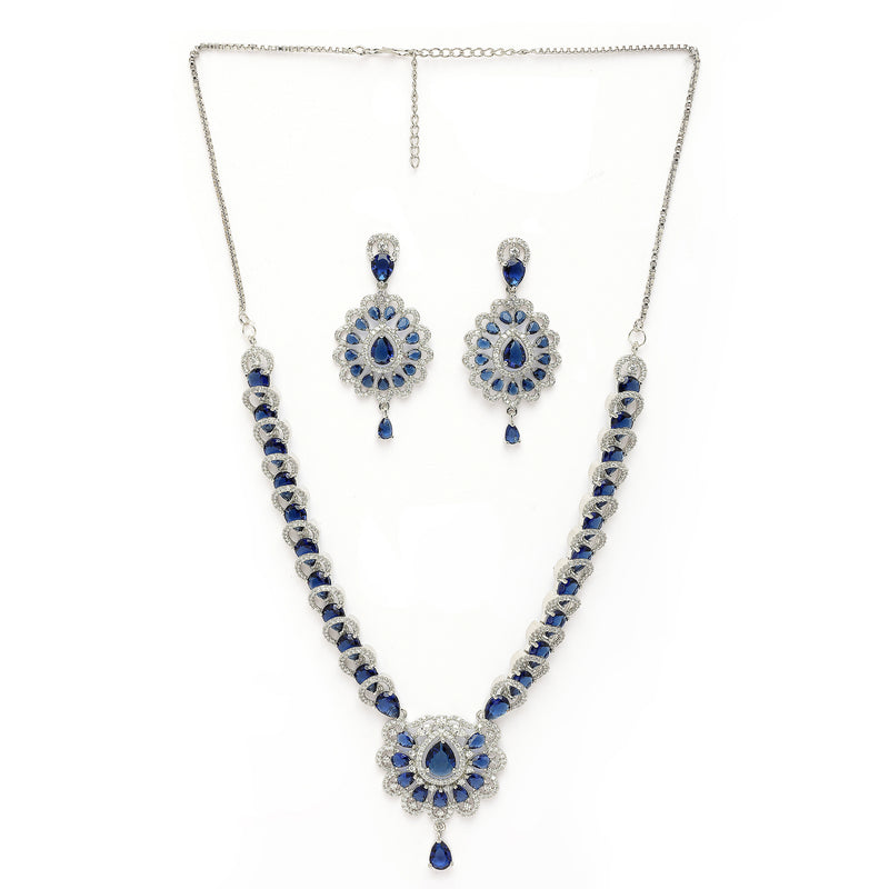 Rhodium Plated Silver Toned Ornate Shaped Navy Blue & White American Diamond Studded Jewellery Set