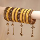 Gold-Plated Yellow Matte Finish Velvet Cz Studded Tasselled Bangles Set Of 56