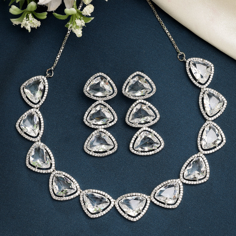 Rhodium Plated Silver Toned White Trillion Cut AD Studded Necklace With Matching Drop Earrings