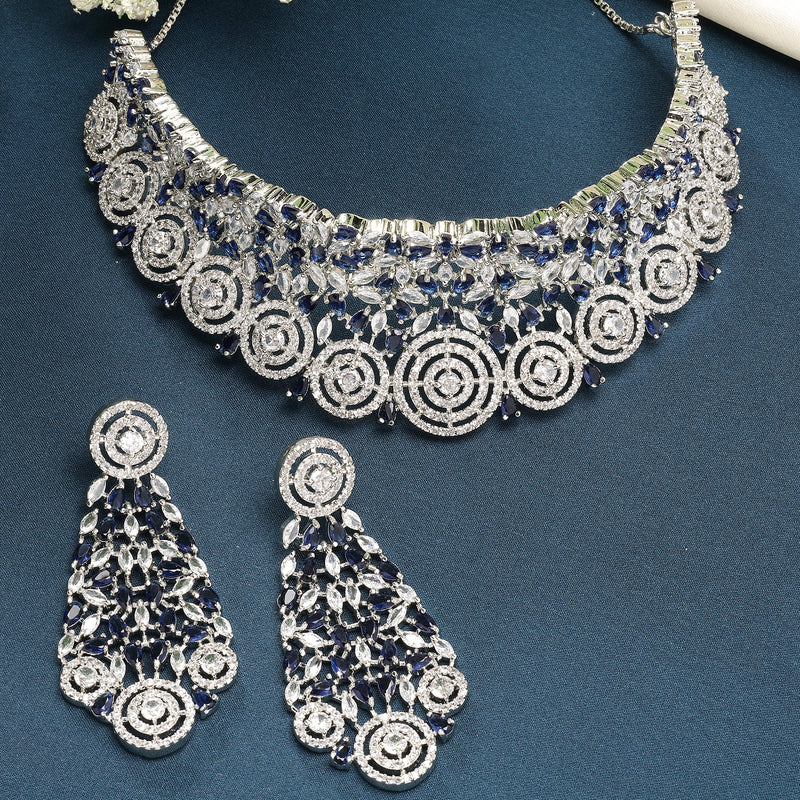 Rhodium Plated Silver Toned Round Design Blue  AD Studded Choker Necklace Set With Drop Earrings
