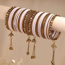 Gold-Plated Lavender Matte Finish Velvet Cz Studded Tasselled Bangles Set Of 56