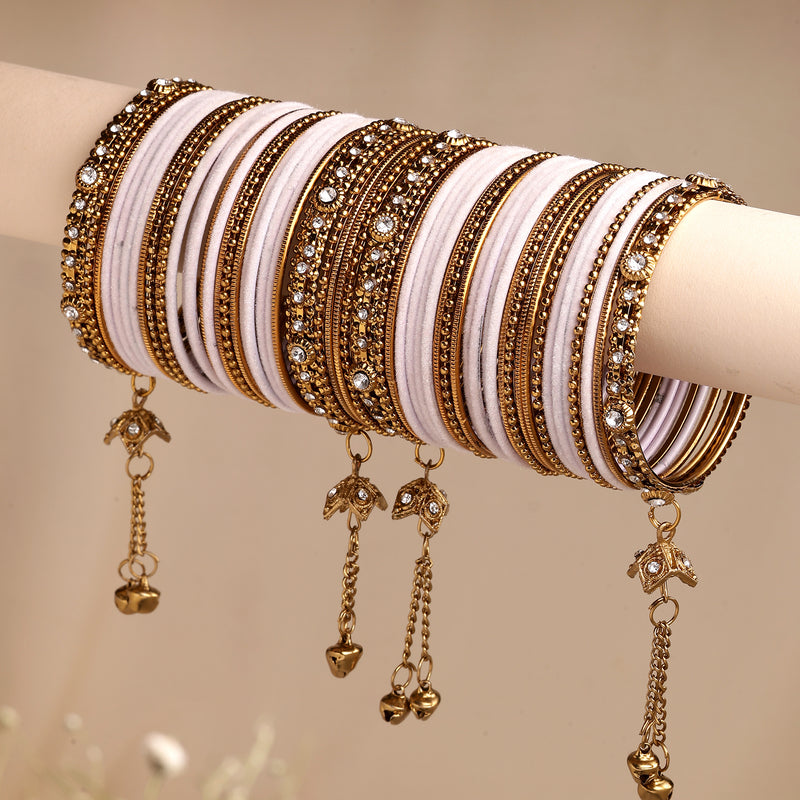Gold-Plated Lavender Matte Finish Velvet Cz Studded Tasselled Bangles Set Of 56