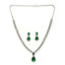 Rhodium Plated Silver Toned Teardrop Shaped Green & White American Diamond Studded Jewellery Set