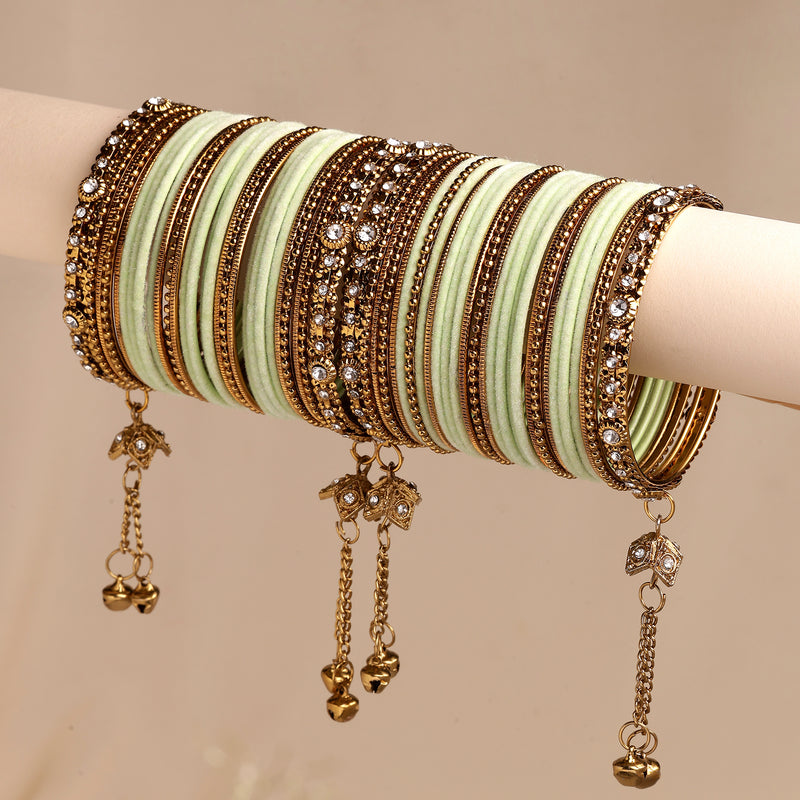 Gold-Plated Pastel Green Matte Finish Velvet Cz Studded Tasselled Bangles Set Of 56