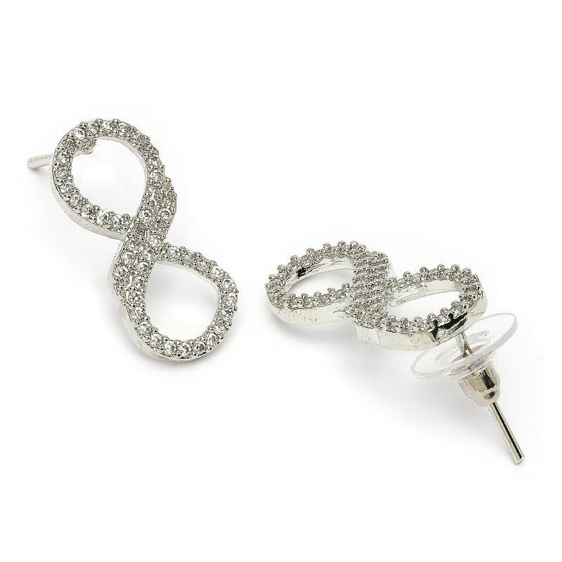 Rhodium Plated Silver Toned Infinity Shaped White American Diamond Studded Necklace With Earrings Jewellery