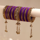 Gold-Plated Purple Matte Finish Velvet Cz Studded Tasselled Bangles Set Of 56
