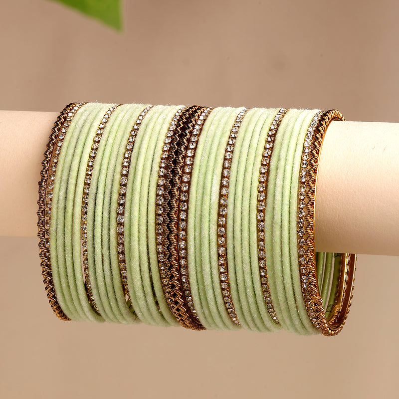 Gold-Plated Pastel Green Matte Finish Velvet Cz Studded Bangles Set Of 36