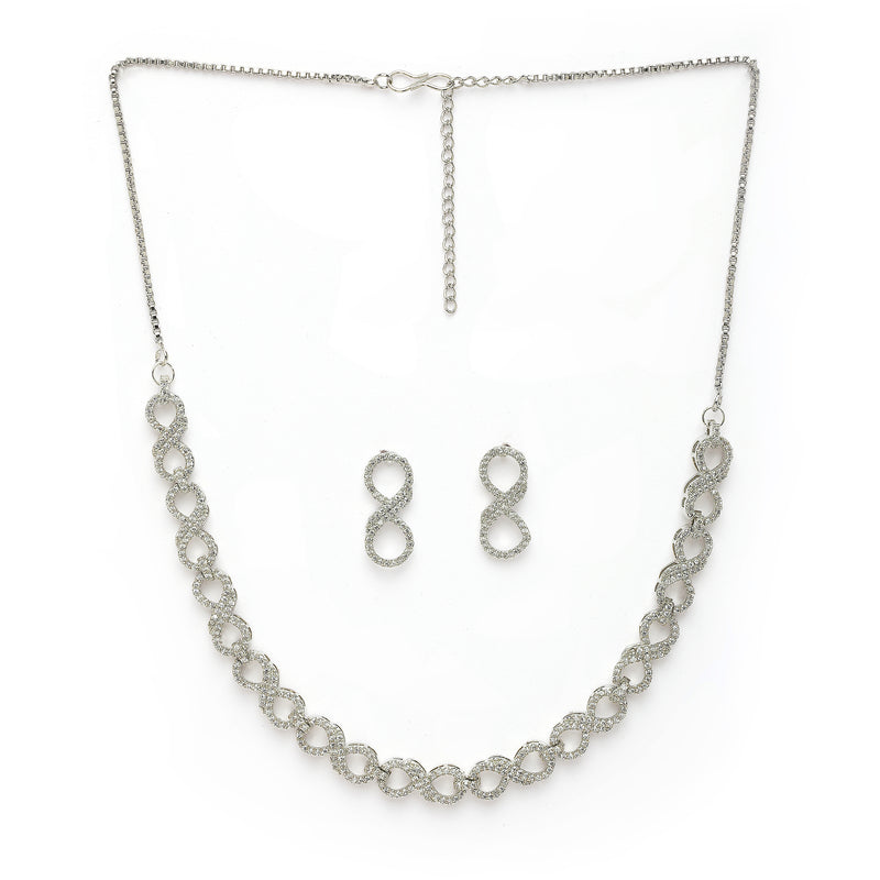 Rhodium Plated Silver Toned Infinity Shaped White American Diamond Studded Necklace With Earrings Jewellery