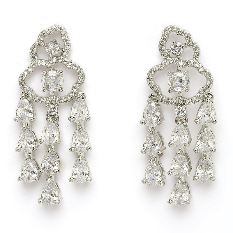 Rhodium Plated Silver Toned Floral White American Diamond Studded Jewellery Set