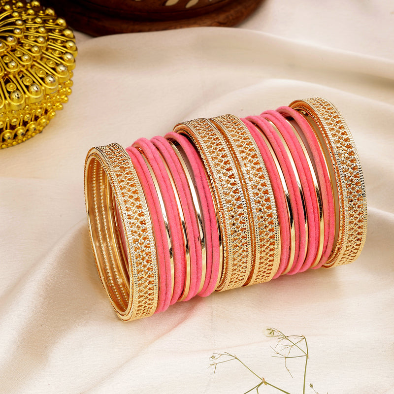 Gold-Plated Matte Finish Pink Velvet Textured Bangles Set Of 30