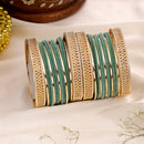 Gold-Plated Textured Matte Finish Teal Velvet Bangles Set Of 30