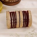 Gold-Plated Matte Finish Maroon Velvet Textured Bangles Set Of 30