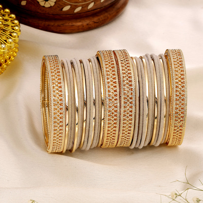Gold-Plated Matte Finish Grey Velvet Textured Bangles Set Of 30
