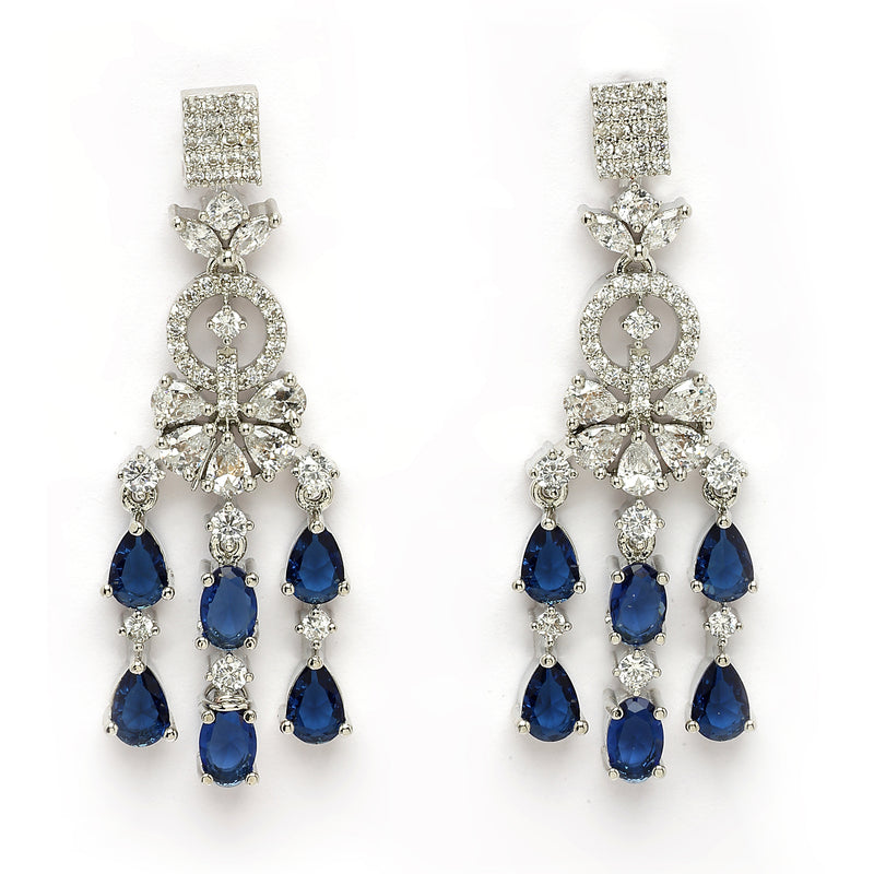Rhodium Plated Silver Toned Teardrop Shaped Blue & White American Diamond Studded Jewellery Set