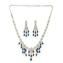 Rhodium Plated Silver Toned Teardrop Shaped Blue & White American Diamond Studded Jewellery Set
