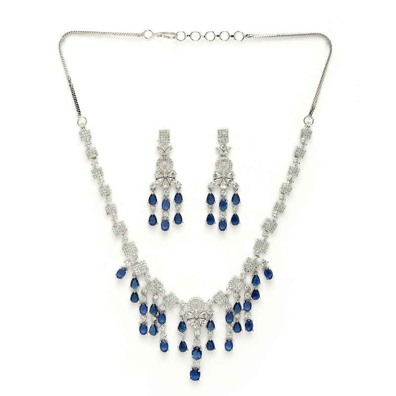 Rhodium Plated Silver Toned Teardrop Shaped Blue & White American Diamond Studded Jewellery Set