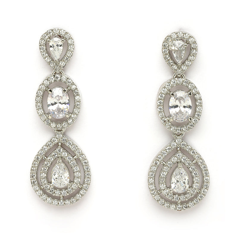 Rhodium Plated Silver Toned Teardrop Shaped White American Diamond Studded Jewellery Set