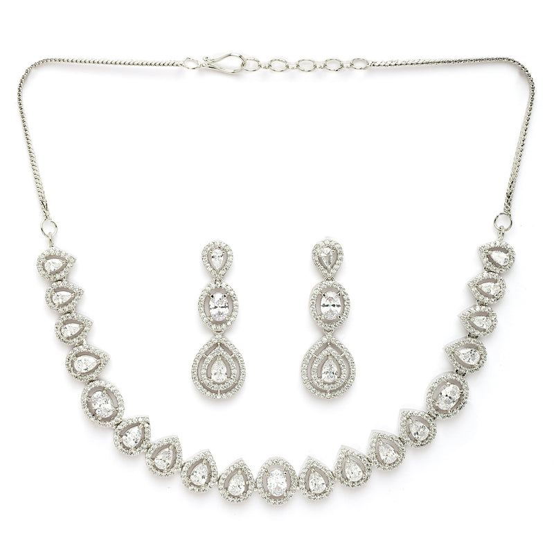 Rhodium Plated Silver Toned Teardrop Shaped White American Diamond Studded Jewellery Set