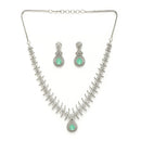 Rhodium Plated Silver Toned Teardrop Shaped Green & White American Diamond Studded Jewellery Set