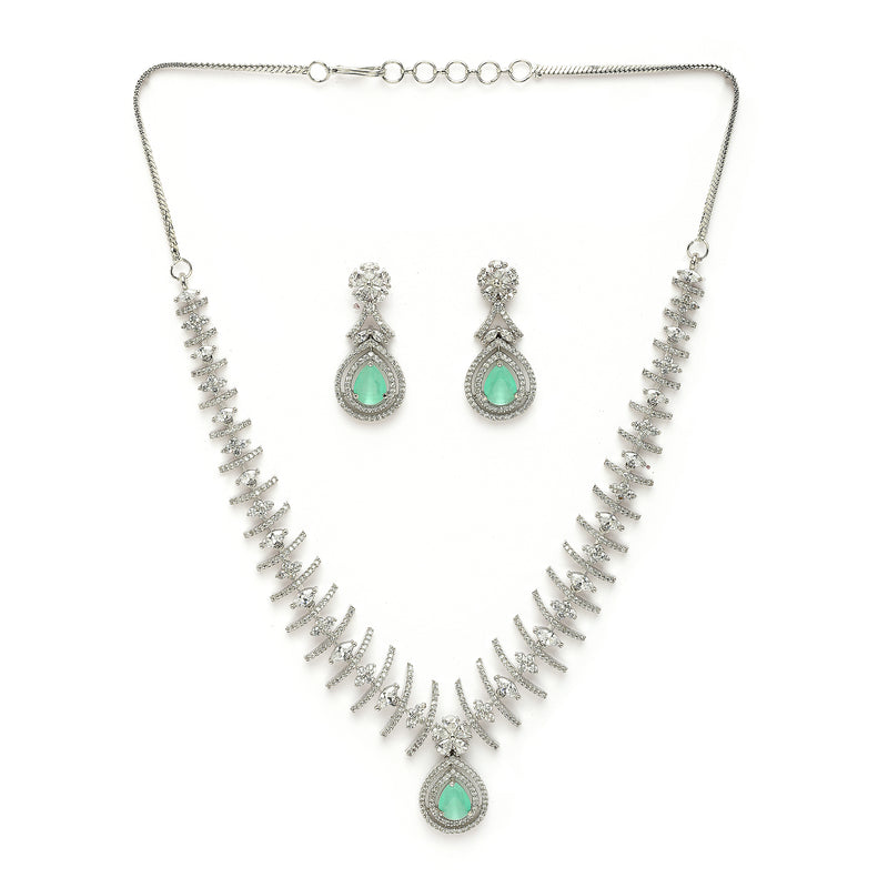 Rhodium Plated Silver Toned Teardrop Shaped Green & White American Diamond Studded Jewellery Set