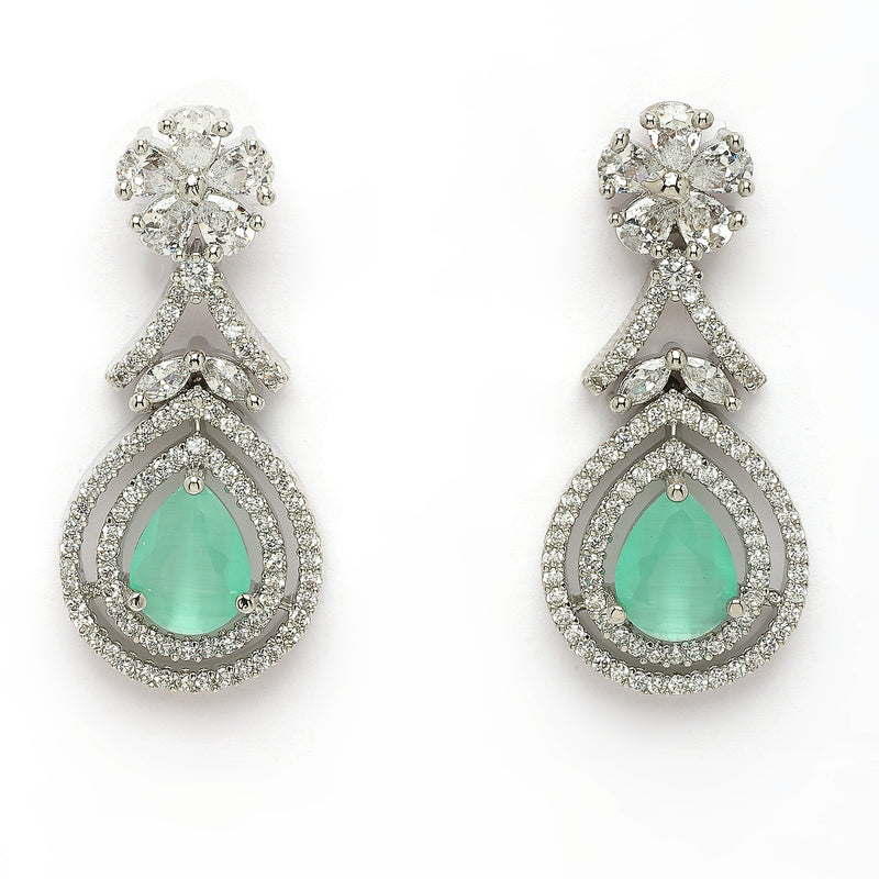 Rhodium Plated Silver Toned Teardrop Shaped Green & White American Diamond Studded Jewellery Set