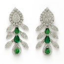 Rhodium Plated Silver Toned Leaf Shaped Green & White American Diamond Studded Necklace With Earrings Jewellery Set