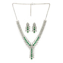 Rhodium Plated Silver Toned Leaf Shaped Green & White American Diamond Studded Necklace With Earrings Jewellery Set