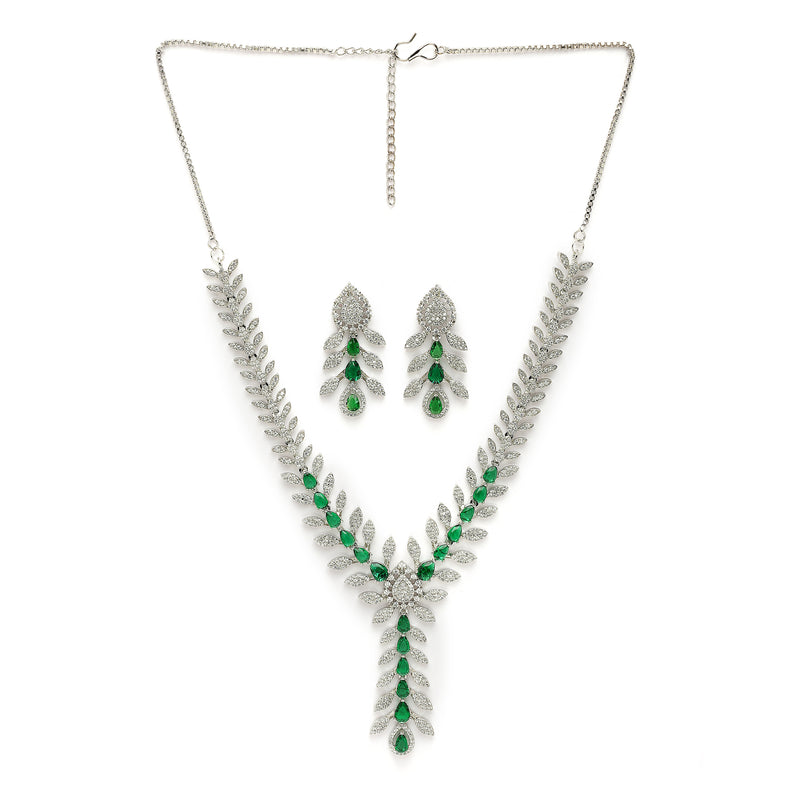 Rhodium Plated Silver Toned Leaf Shaped Green & White American Diamond Studded Necklace With Earrings Jewellery Set