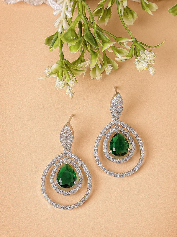 Rhodium Plated Silver Toned with Teardrop Shaped Green American Diamond Drop Earrings