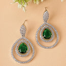 Rhodium Plated Silver Toned with Teardrop Shaped Green American Diamond Drop Earrings