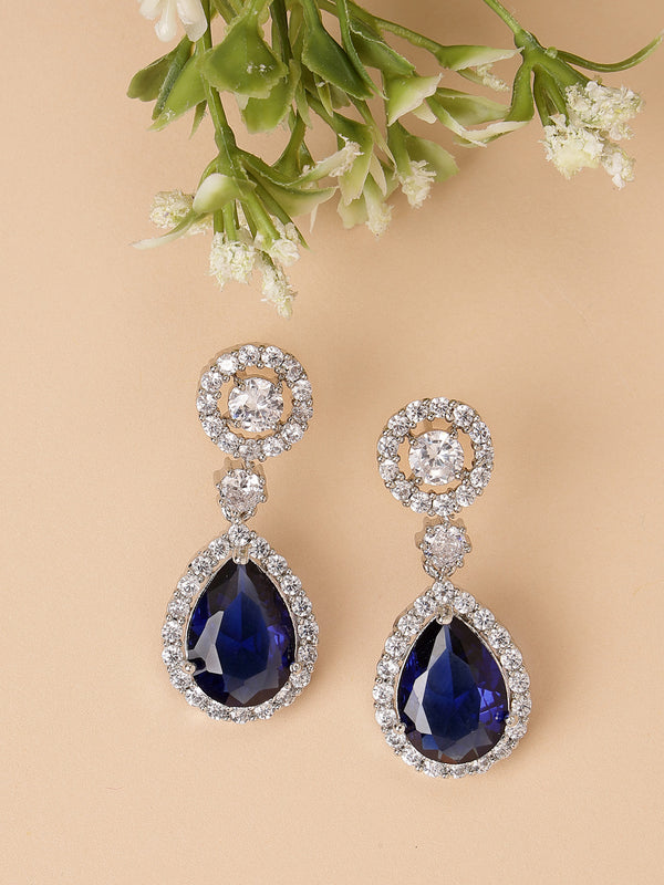 Rhodium Plated with Blue & White American Diamond Circular & Teardrop Shaped Drop Earrings