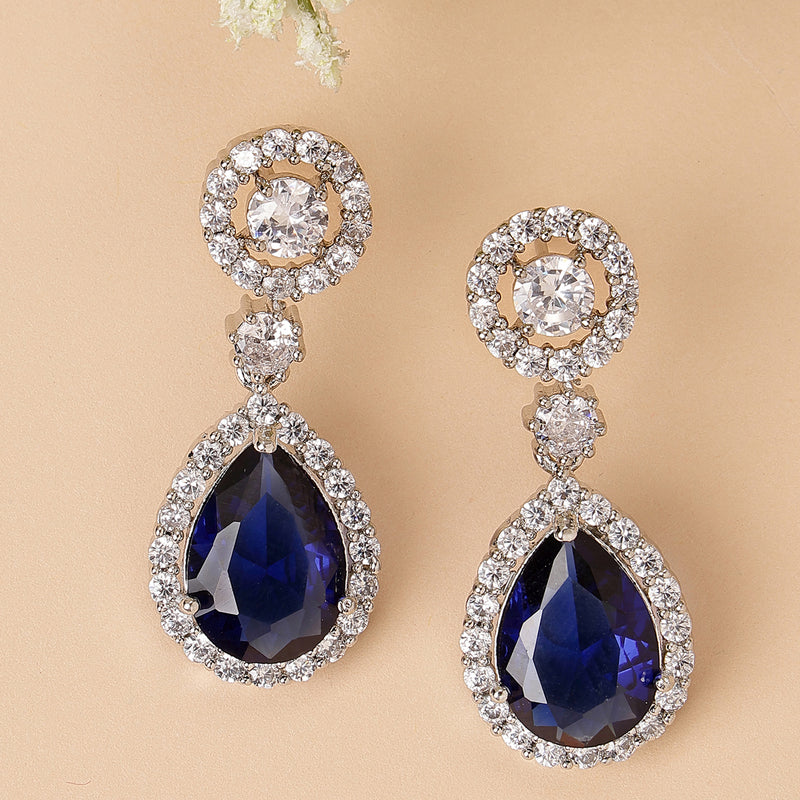 Rhodium Plated with Blue & White American Diamond Circular & Teardrop Shaped Drop Earrings