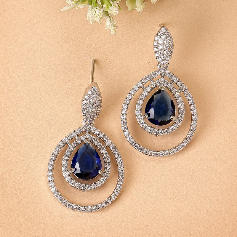 Blue Fancy Dangle Earrings – American Diamond Studded Rhodium Plate