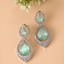 Rhodium Plated with Ocean Blue American Diamond Dual Teardrop Design Drop Earrings