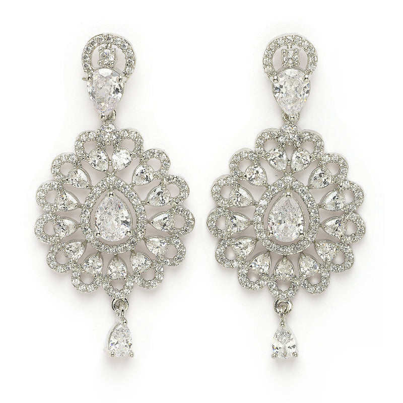 Rhodium Plated Silver Toned Ornate Shaped White American Diamond Studded Jewellery Set