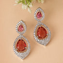 Rhodium Plated with Red American Diamond Dual Teardrop Design Drop Earrings