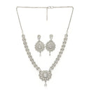 Rhodium Plated Silver Toned Ornate Shaped White American Diamond Studded Jewellery Set
