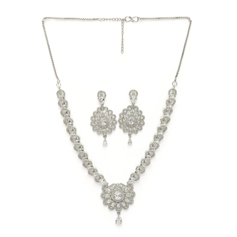 Rhodium Plated Silver Toned Ornate Shaped White American Diamond Studded Jewellery Set
