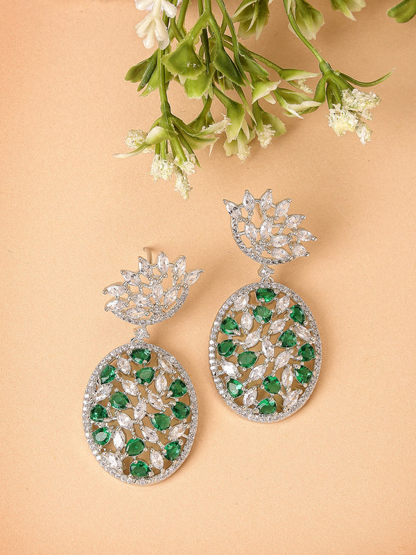 Rhodium Plated Tiny Tear Drops Green & White American diamond Small Drop Earrings