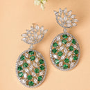 Rhodium Plated Teardrop Green American Diamond Contemporary Long Drop Earrings