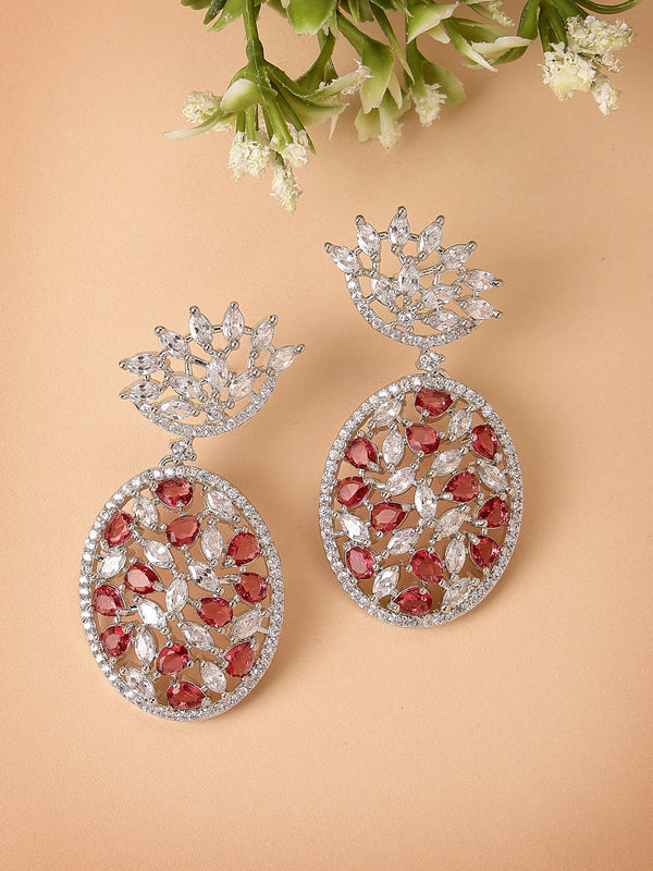 Rhodium Plated Tiny Tear Drops Red & White American diamond Small Drop Earrings