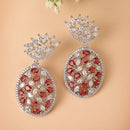 Rhodium Plated Teardrop Red American Diamond Contemporary Long Drop Earrings