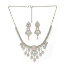 Rhodium Plated Silver Toned Teardrop Shaped Pink & White American Diamond Studded Jewellery Set