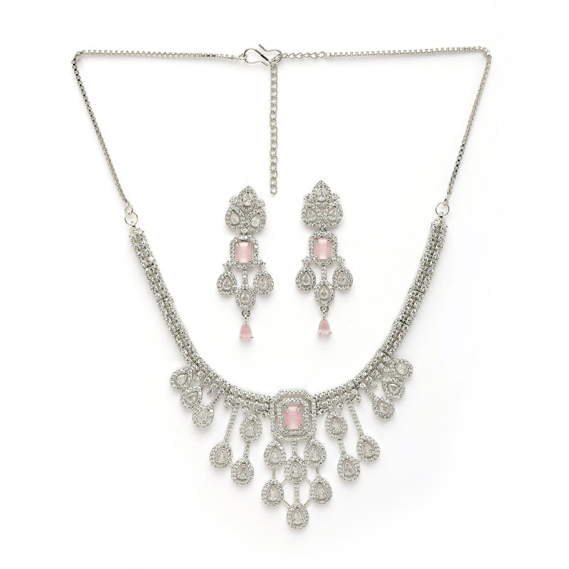 Rhodium Plated Silver Toned Teardrop Shaped Pink & White American Diamond Studded Jewellery Set