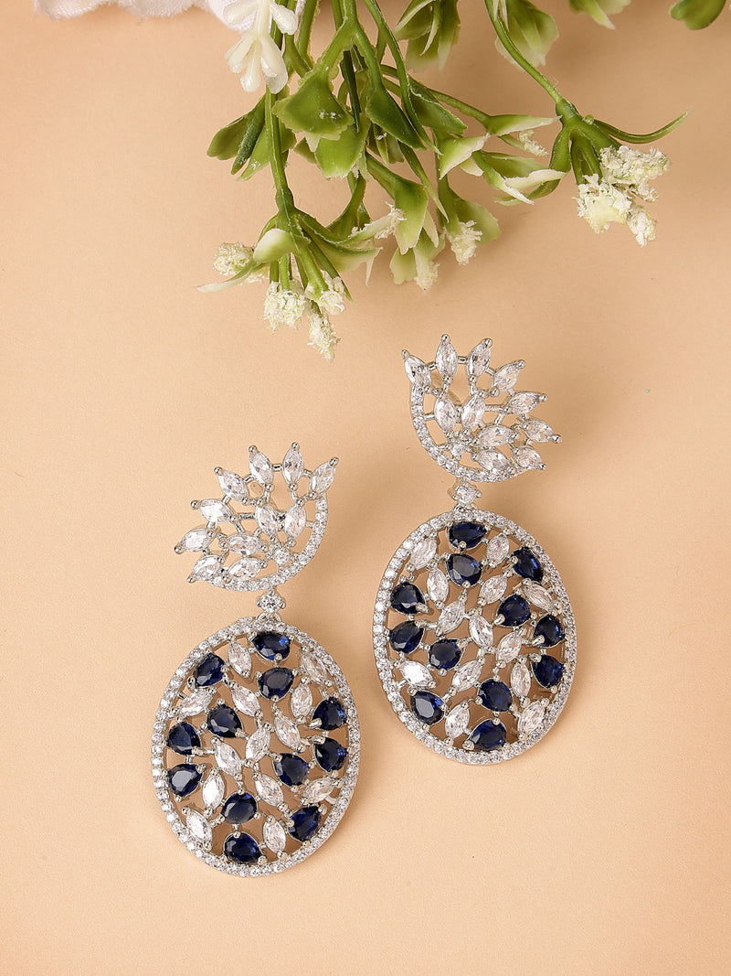 Rhodium Plated Tiny Tear Drops Blue & White American diamond Small Drop Earrings