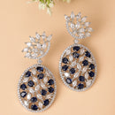 Rhodium Plated Teardrop Blue American Diamond Contemporary Long Drop Earrings