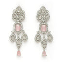 Rhodium Plated Silver Toned Teardrop Shaped Pink & White American Diamond Studded Jewellery Set