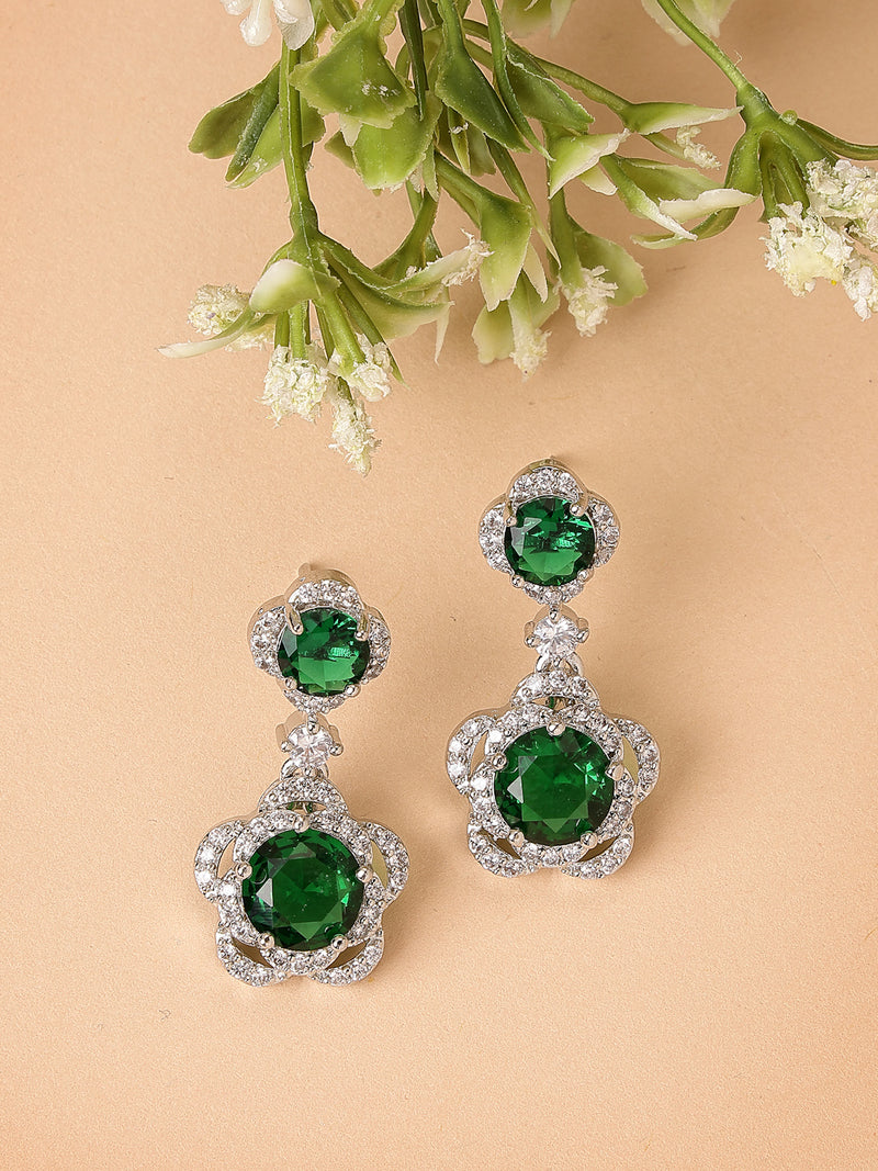 Rhodium Plated with Dual Green American Diamonds Drop Earrings