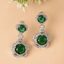 Rhodium Plated with Dual Green American Diamonds Drop Earrings